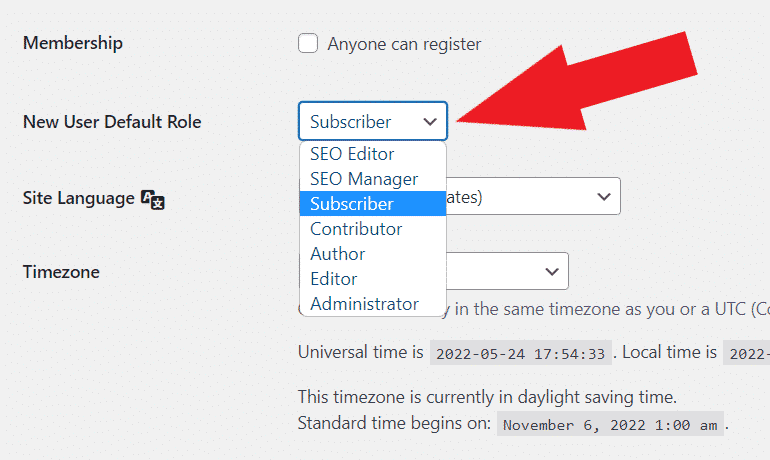 wordpress new user default role setting